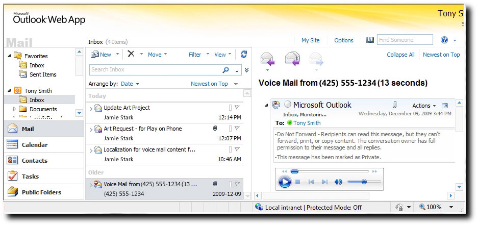 Protected Voice Mail in Outlook Web App