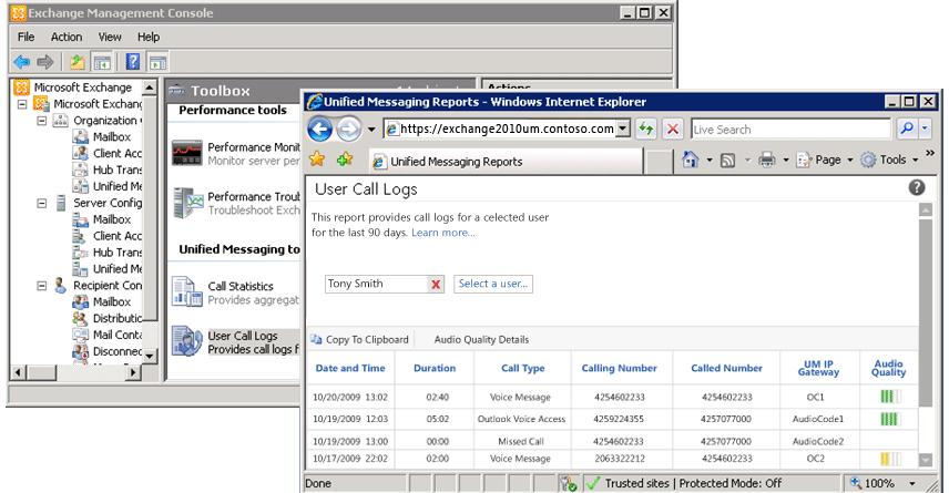 User call logs report displayed in the ECP