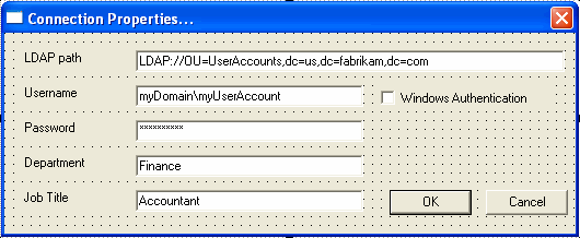 The ConnectionDialog form allows users to define connection parameters and the department and job title for search 