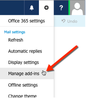 Outlook Web App screenshot pointing to Manage add-ins option