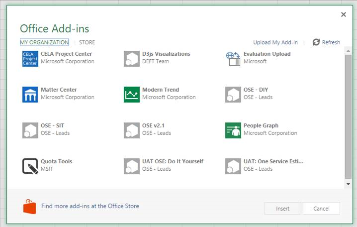 A dialog titled Office Add-in with a link near the upper left corner that says "Upload My Add-in".