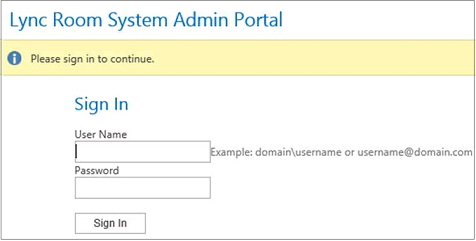 Lync Room System Admin Portal Sign In screen