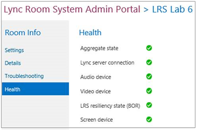 Lync Room System Admin Portal Room Health