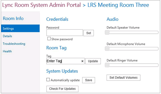 Lync Room System Admin Portal Room Settings