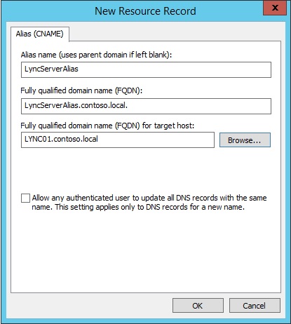 Filling in the new alias CNAME dialog.