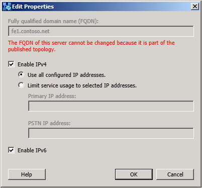 Front End Server Edit Properties dialog box