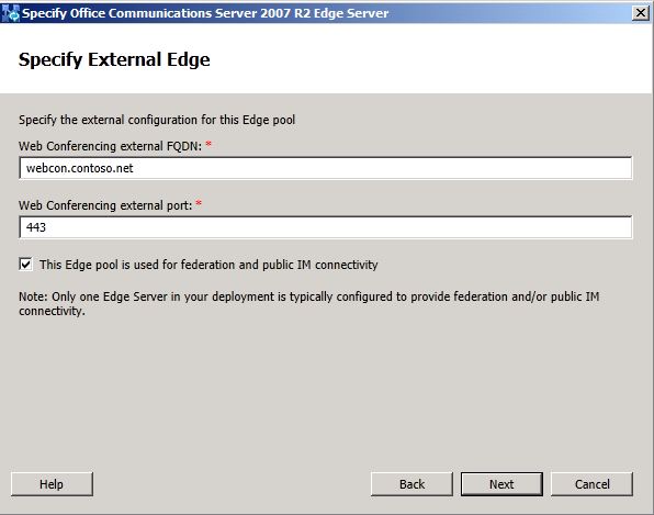 Edge Server dialog, Specify External Edge page