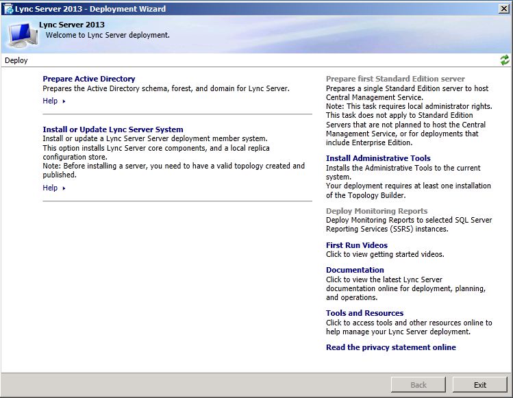 Lync Server 2013 Deployment Wizard, Welcome page