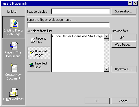 Office 2000 Insert Hyperlink dialog box