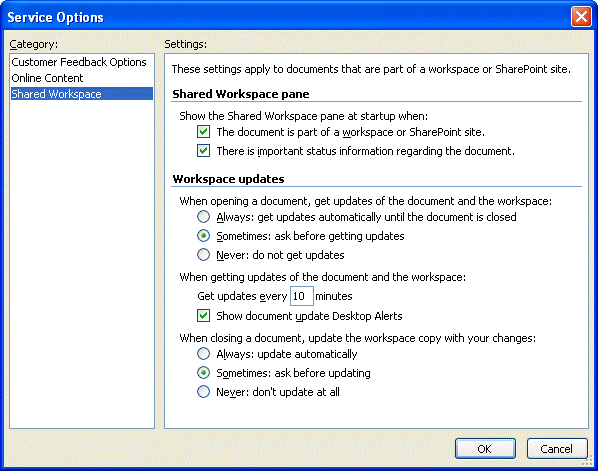 Configure shared workspace with service options