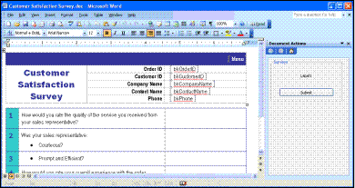 The actions pane with the SubmitPane user control (click to see larger image)