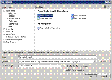  Creating a project in Visual Studio 2005 Tools for Office (Click picture to see larger image)