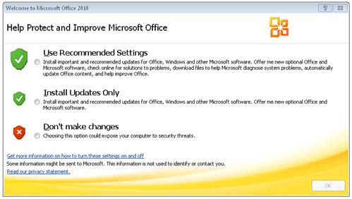 Office 2010 welcome screen with privacy options