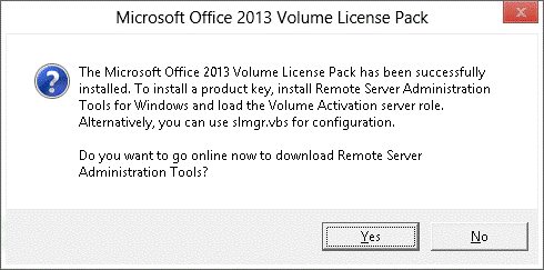 A dialog box that lets you install the Office 2013 Volume Licensing Pack