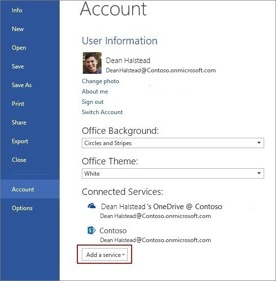 Account settings in Office.