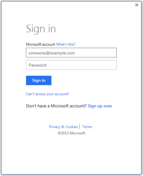 A screenshot of a sign-in window that lets you sign in to Office 2013 with a Microsoft account ID.