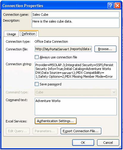 Excel Services connection property settings