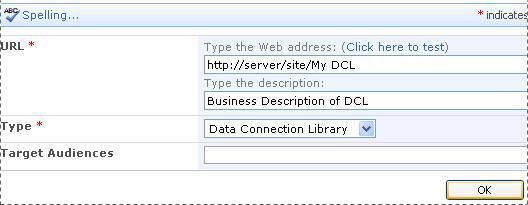 Excel Services DCL setup dialog box