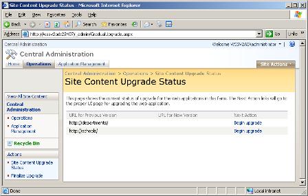 Site Content upgrade status page - begin upgrade