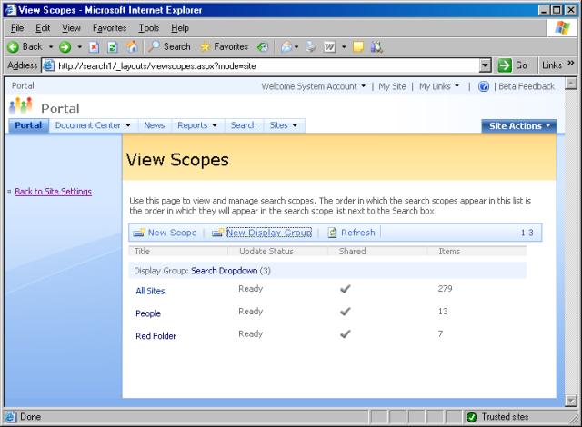 View and manage search scopes Web page