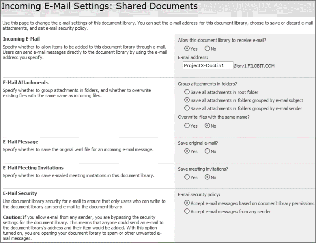 Incoming e-mail settings page