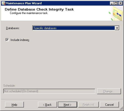 Define Database Check Integrity Task page