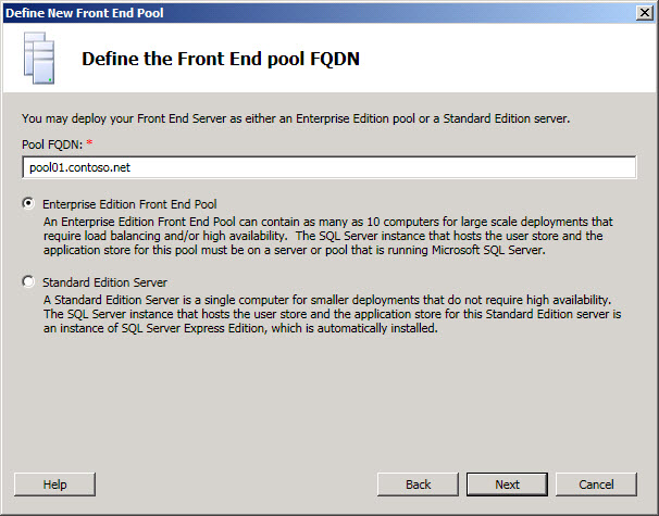 Define Front End Pool FQDN