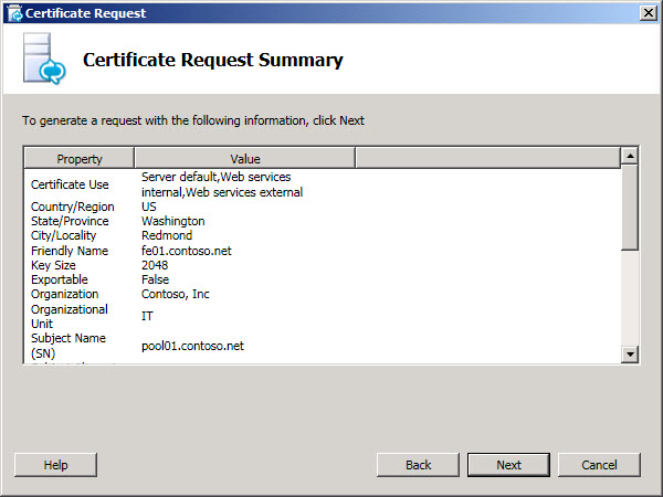 Certificate Request Summary page