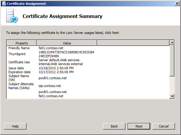 Certificate Assignment Summary page