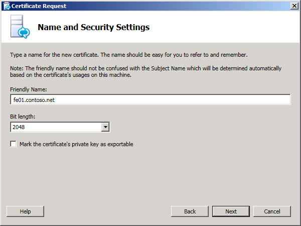 Name and Security Settings page