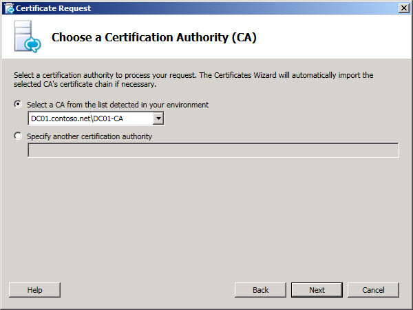 Choose a certification authority dialog box