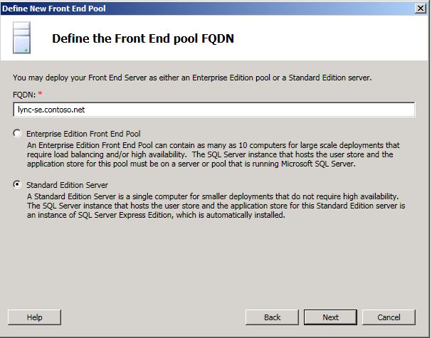 Define the Front End Pool FQDN dialog box