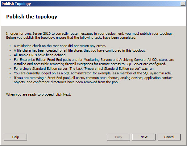 Topology Builder Publish the topology dialog box