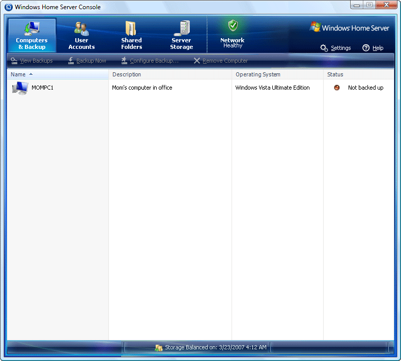 Screenshot of Windows Home Server Console