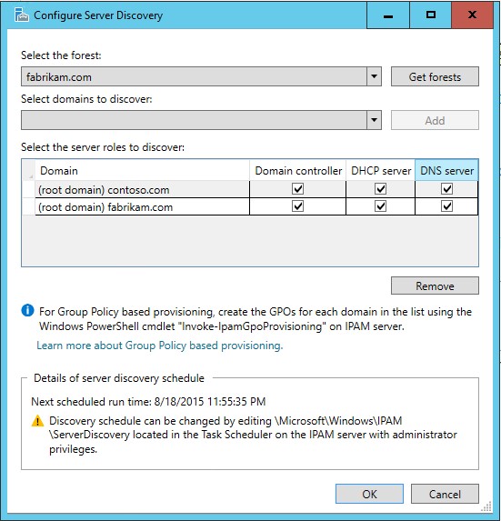 IPAM Configure server discovery dialog box