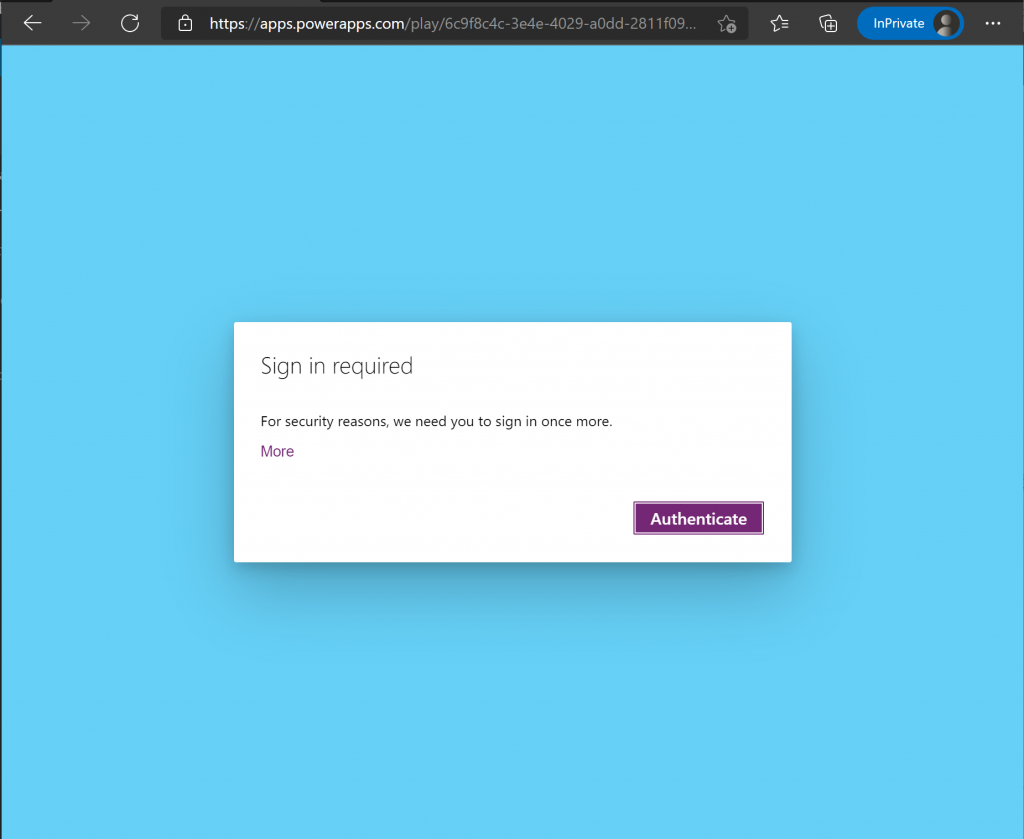 Experience when Power Apps prompts user to authenticate to satisfy Conditional Access requirement.