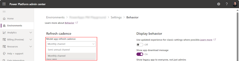 Power Platform admin center environment settings release channel selector Power Platform admin center environment settings release channel selector