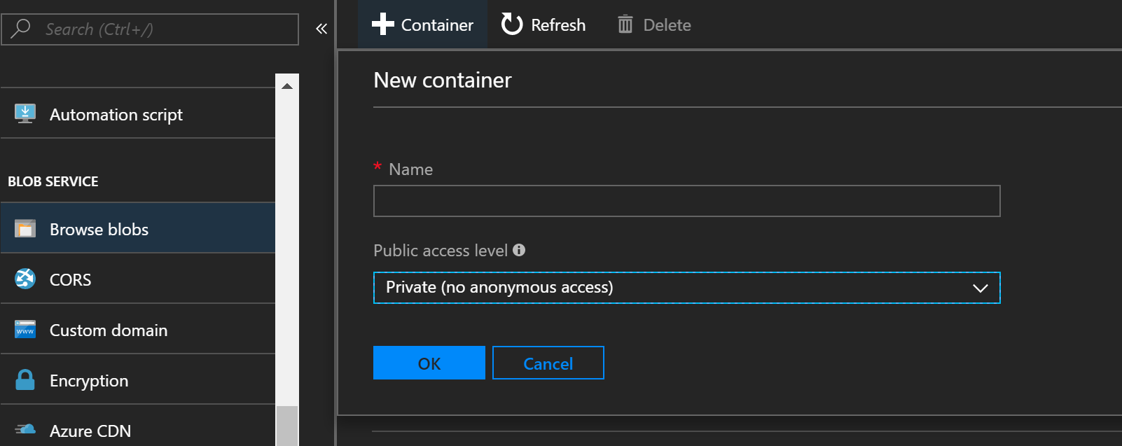 Creating a new storage account container
