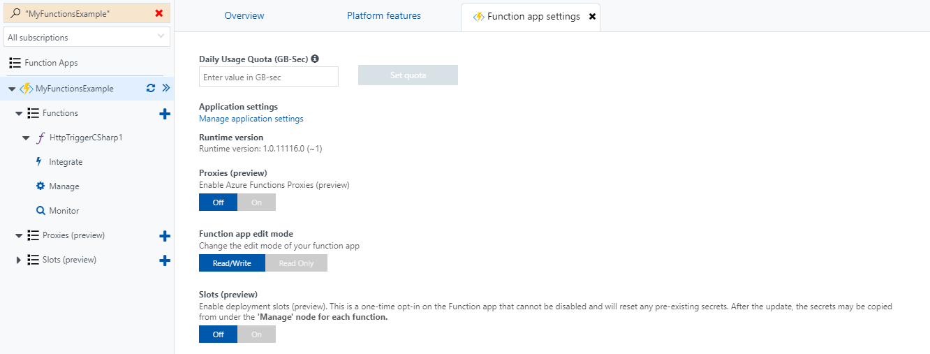 Azure Functions Application Settings in the portal