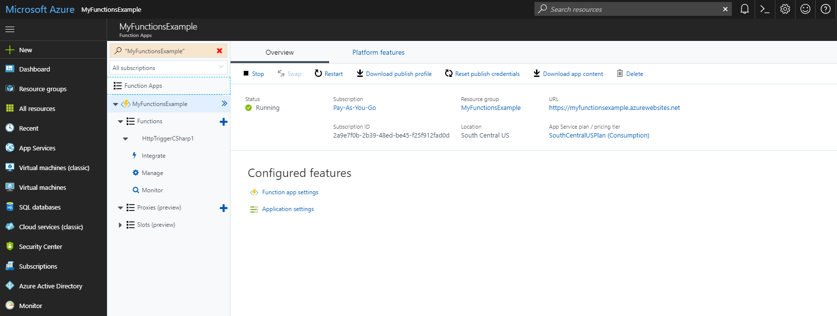 Azure Functions Overview tab in the portal