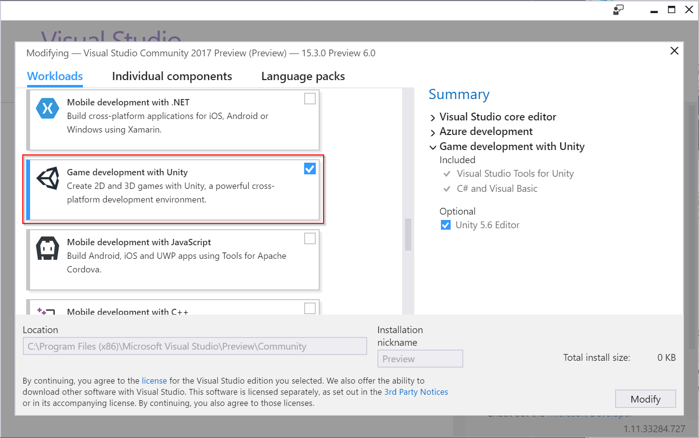 Select Unity workload