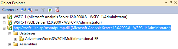 Object Explorer showing http connection to SSAS