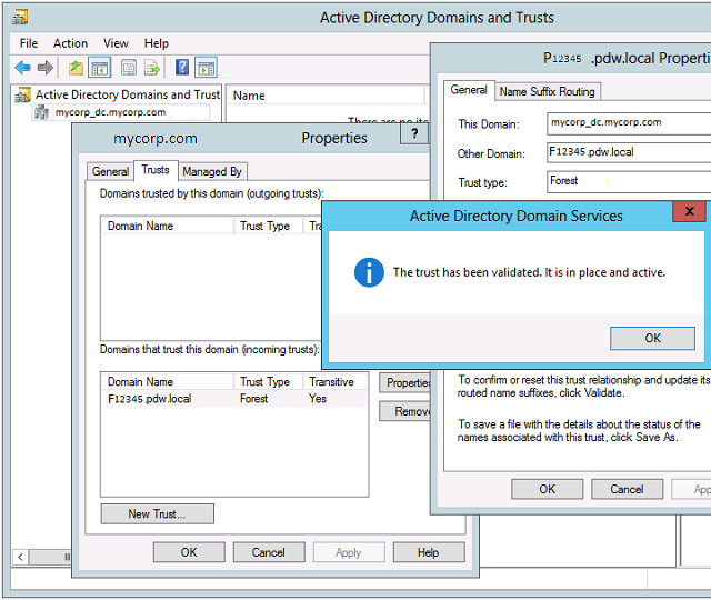 Screenshot that shows the Active Directory Domains Services dialog box which verifies that the trust has been validated.