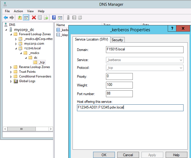 Screenshot that shows the _Kerberos Properties dialog box in the D N S Manager.