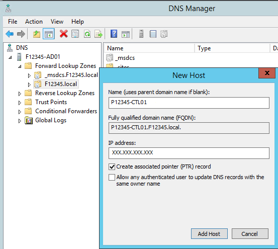 Screenshot that shows the New Host dialog box in the D N S Manager.