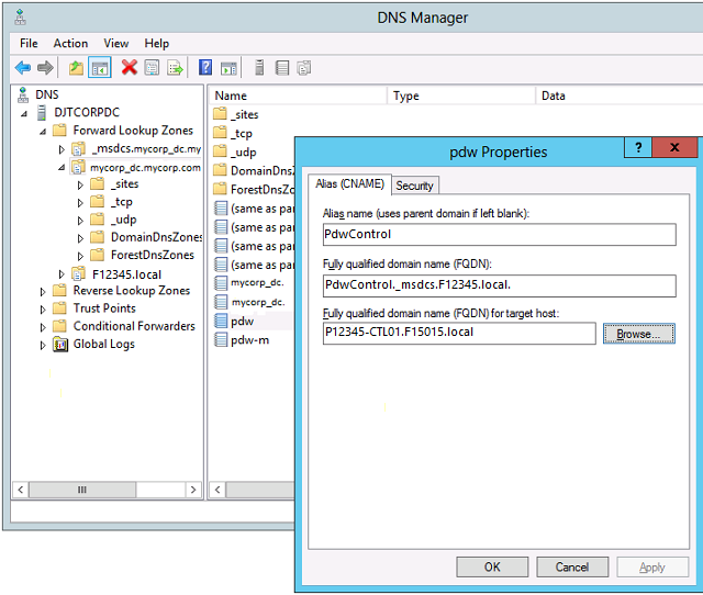 Screenshot that shows the p d w Properties dialog box in the D N S Manager.