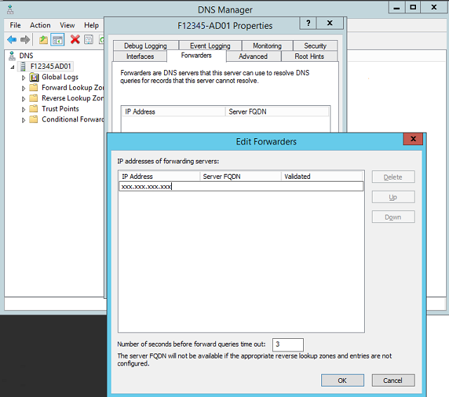 Screenshot that shows the D N S Manager with the Edit Forwarders dialog box open.