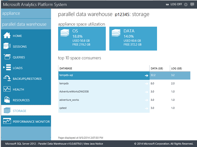 SQL_Server_PDW_AdminConsol_StorageV2 Screenshot shows P D W Admin Console Storage page.