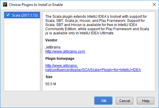 The Scala plugin installation dialog box