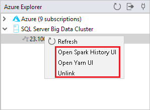 link Big Data cluster - context menu
